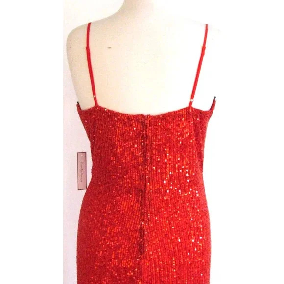 Designer Premier Amour Red Sequin Midi Length Spaghetti Strap Pencil Dress 16.R - Picture 6 of 16